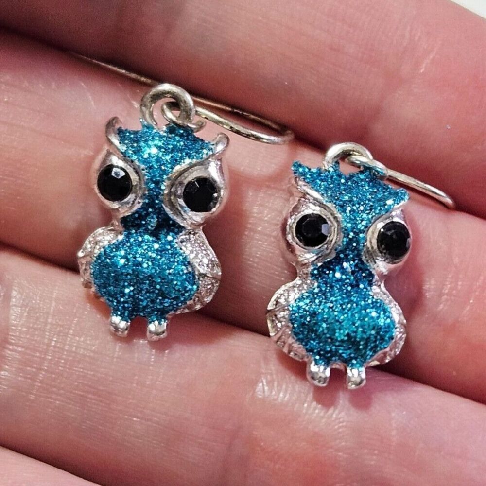 Silver tone blue glittery owl earrings dainty